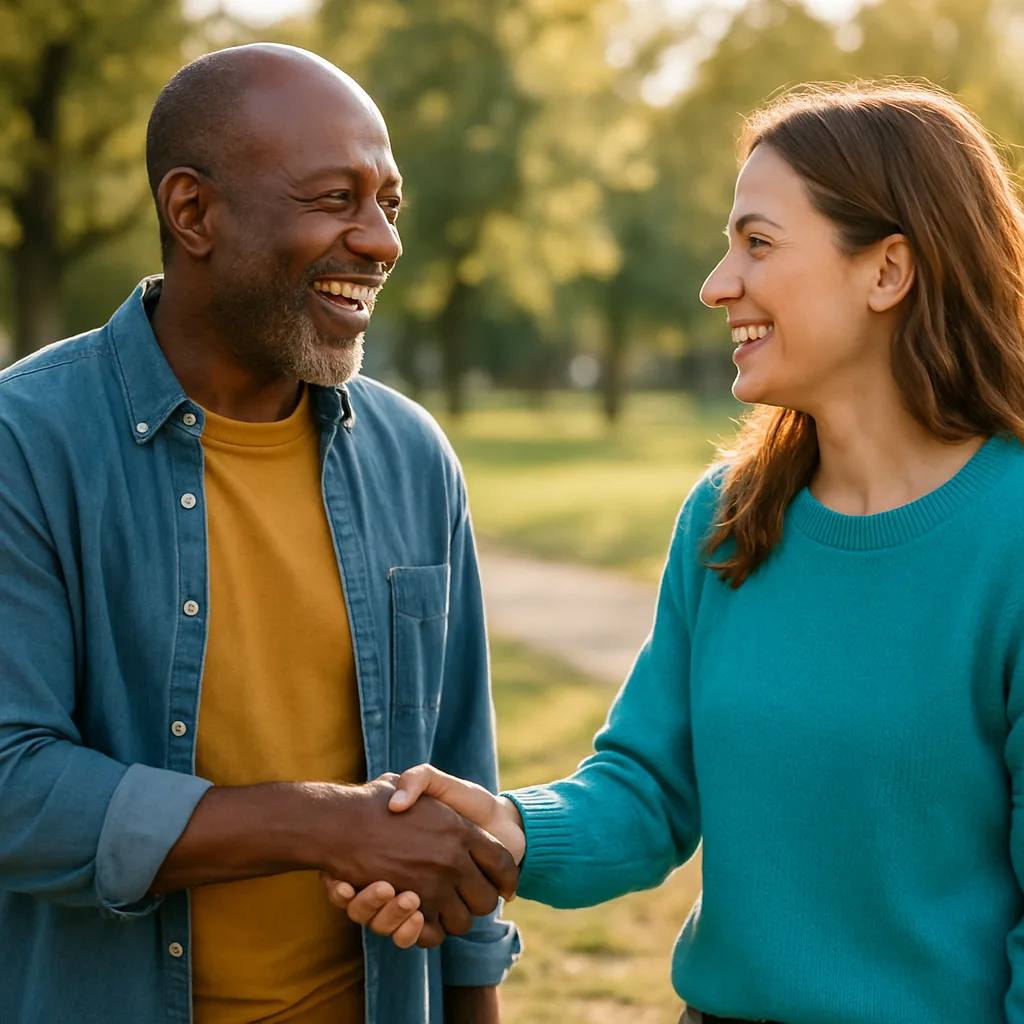 Two people meeting at a local park — genuinely local Edinburgh dating