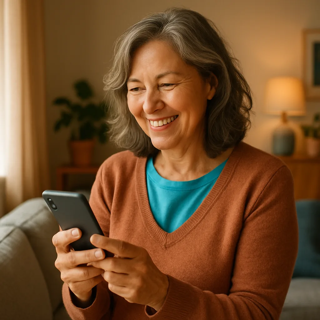 Smiling woman confidently checking her phone — verified profiles on The Edinburgh Dating Site